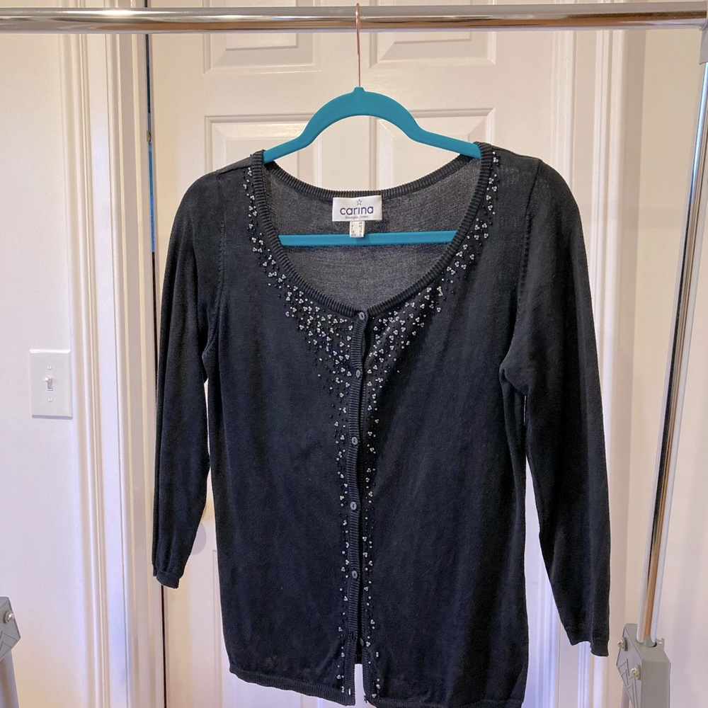 Beaded-front black cotton cardigan.